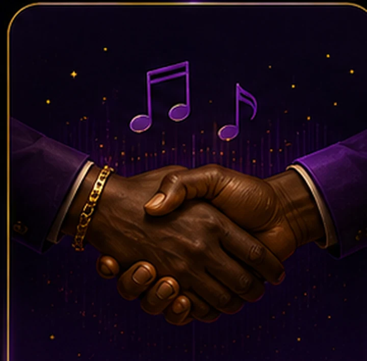 Dark brown skin hands in a musician collaboration handshake