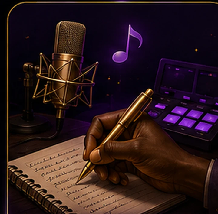 Dark brown skin hand writing music ideas beside studio equipment